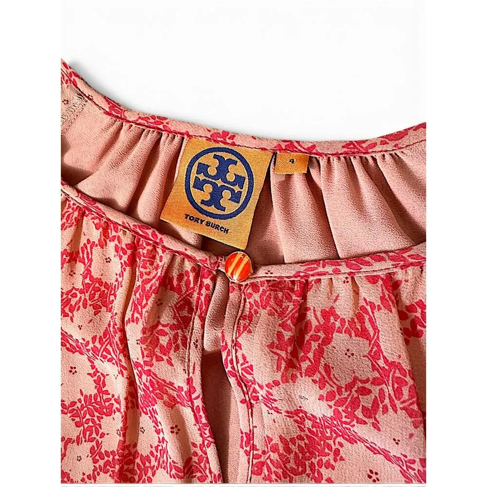 Tory Burch Pink & Coral Floral Silk Blouse Size 4